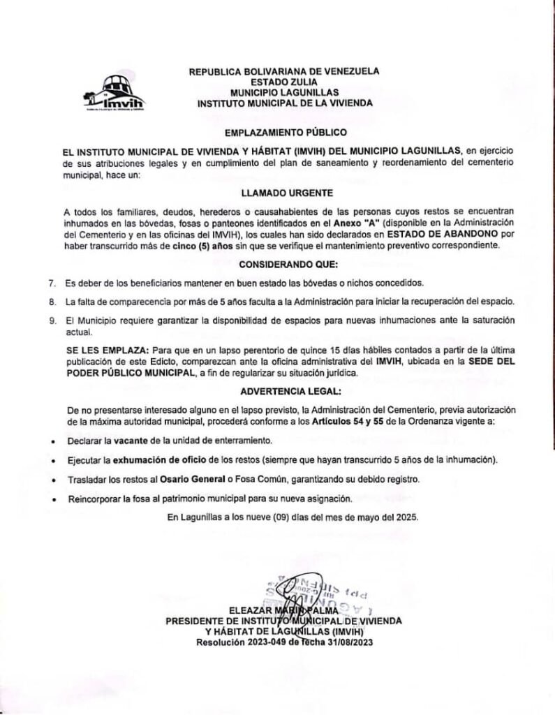 Alcaldía de Lagunillas inicia recuperación del cementerio municipal ante saturación